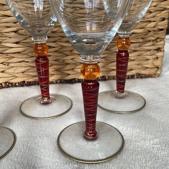 Pier 1 Imports Orbit Spice 16 Oz Red Gold Trim Stemware Glasses 4 HandPainted - Picture 4 of 10